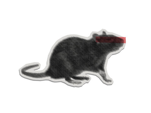 Halftone pop art style rat sticker with a red bar over its eyes on a transparent background