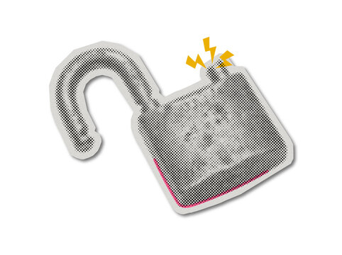 Broken open padlock sticker with halftone pop art texture and yellow lightning symbols