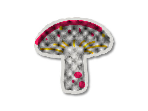 Halftone pop art mushroom sticker with pink cap and textured paper outline on transparent background