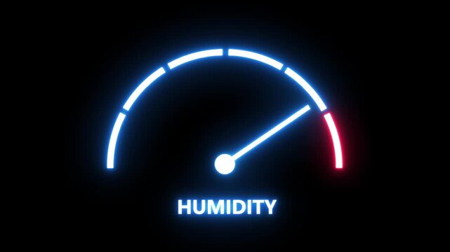 Dynamic humidity level gauge indicator with glowing neon blue and red interface for environmental monitoring, weather forecasting, climate control systems, and scientific data visualization analytics