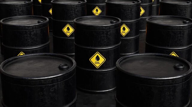 Crude oil barrels in a warehouse. Rows of black oil drums, petroleum storage, energy industry, oil supply, oil production concept. 3d video