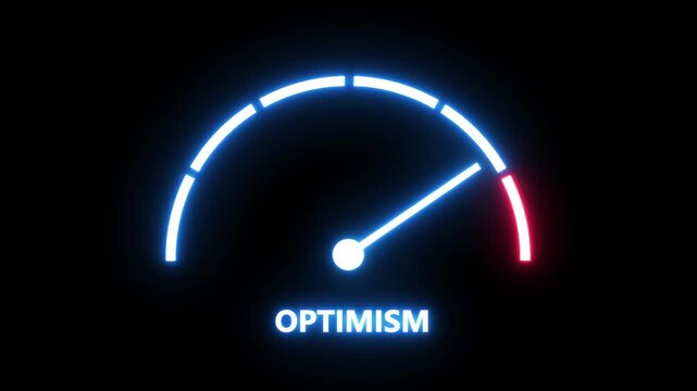Dynamic neon gauge meter visualizing rising optimism levels with glowing blue and red indicator needle moving across a digital scale for business growth, positive sentiment, and financial success