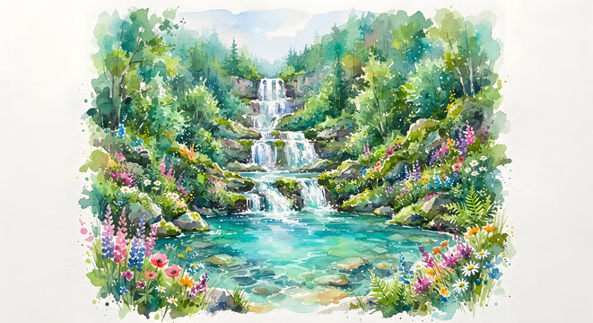 Watercolor painting of a cascading waterfall in a blooming garden pond