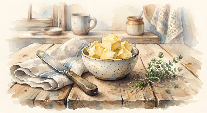 Fresh butter cubes in ceramic bowl on rustic wooden table