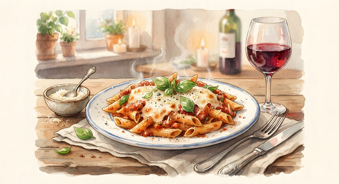 Penne pasta dish with red wine on wooden table