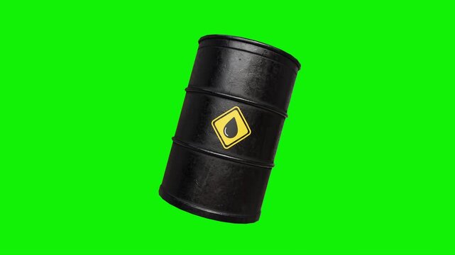 Crude oil barrel on green screen background. Oil market, crude oil prices, trade war, gas or petroleum supply chain and world energy industry concept. Seamless loop animation. 3d video