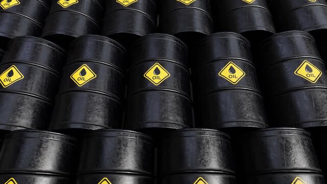 Crude oil barrels stored on top of each other. Wall of black oil drums, trade war, petroleum storage, high prices, energy industry, oil supply, oil production and trade war concept. 3d video
