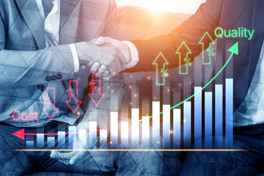 Business Partnership Agreement Represented by Handshake and Growth Graph Showing Positive Trends in Cost and Quality Metrics. Bitwise.