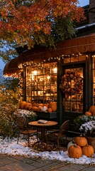 Fototapeta premium a cozy outdoor cafe or restaurant. The main subject is a storefront with a warm, inviting ambiance, illuminated by string lights. The storefront displays a wreath made of autumn leaves and pumpkins.