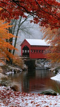 a serene autumn scene features a red covered bridge spanning a calm river. The bridge has a white roof and is supported by stone pillars. The river reflects the surrounding trees and foliage.