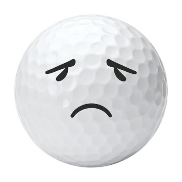 Golf ball with a sad face emoji expression featuring dimpled texture and simple black lines isolated as a high quality 3d render&nbsp;
