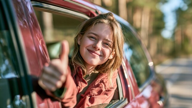 a young woman in a red car. She is seated in the drivers seat, giving a thumbsup gesture with her right hand. The woman has shoulderlength blonde hair and wears a red jacket.