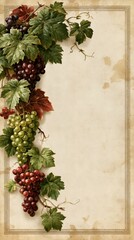 Obraz premium a vineyard scene. A cluster of grapes is the main subject, with green leaves and clusters of red and purple grapes. The grapes are depicted in various stages of ripeness.