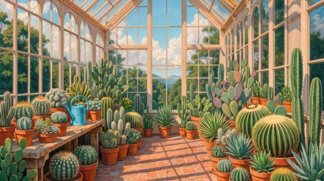 Elegant Victorian Greenhouse Filled with Lush Tropical Plants and Colorful Flowers, Detailed 8K Vector Illustration