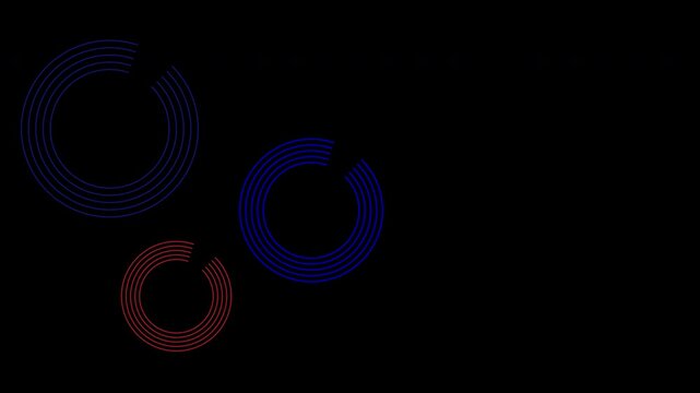 Continuous line art concentric circles animation with transparent background, minimal blue and red geometric wave graphic for tech, audio, and modern concept