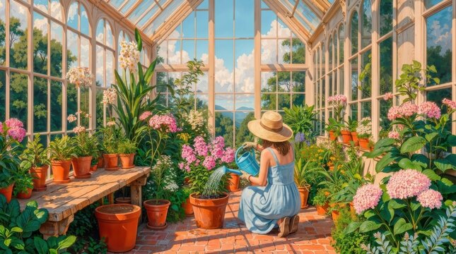 Elegant Victorian Greenhouse Filled with Lush Tropical Plants and Colorful Flowers, Detailed 8K Vector Illustration