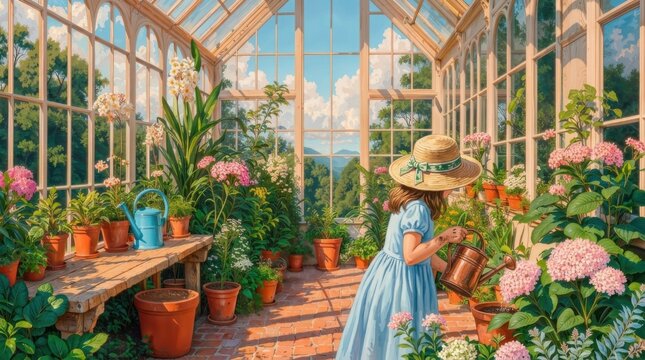 Elegant Victorian Greenhouse Filled with Lush Tropical Plants and Colorful Flowers, Detailed 8K Vector Illustration