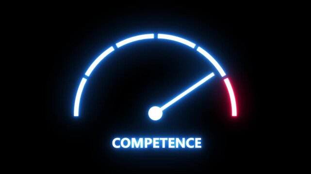 Dynamic neon glowing competence gauge meter animation showing increasing skill levels and performance metrics for corporate business presentations, human resources training, and data analysis