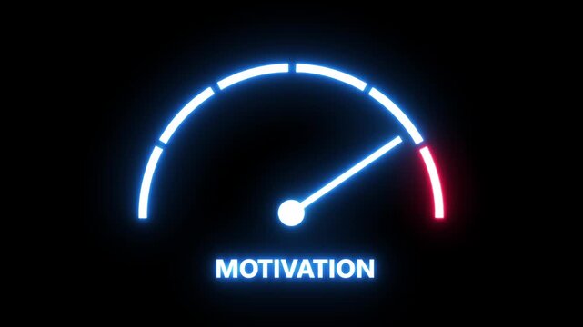 Neon glowing motivation gauge meter animation rising to maximum level, digital dashboard interface showing performance, success, inspiration, and peak productivity concept for business presentation