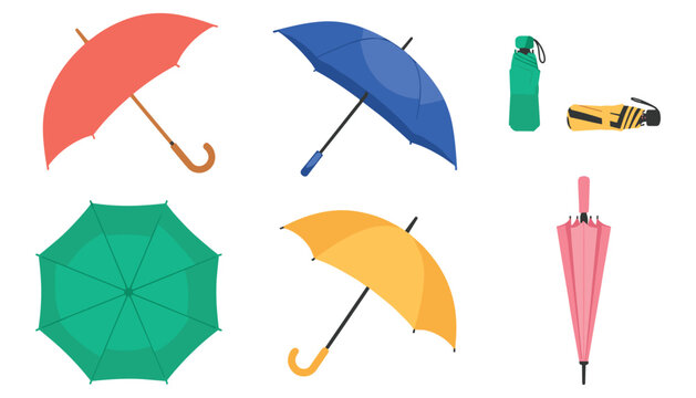 Colorful umbrella vector collection set with open closed folded and top view parasols isolated on white background
