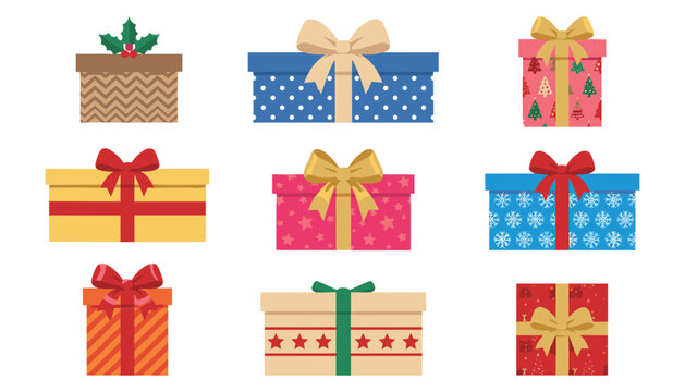 Colorful Christmas gift boxes vector collection set with ribbons bows and holiday patterns isolated on white background