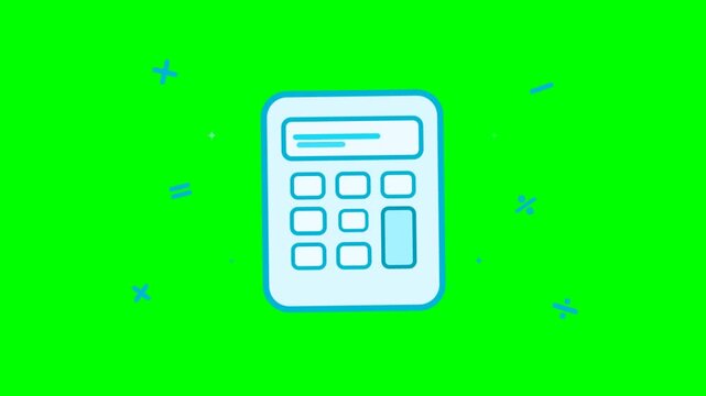 2D Animated Calculator Icon with Floating Math Symbols on Green Screen Background