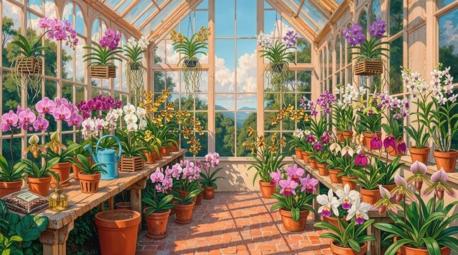 Elegant Victorian Greenhouse Filled with Lush Tropical Plants and Colorful Flowers, Detailed 8K Vector Illustration
