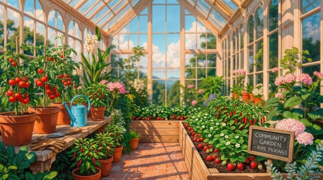 Elegant Victorian Greenhouse Filled with Lush Tropical Plants and Colorful Flowers, Detailed 8K Vector Illustration