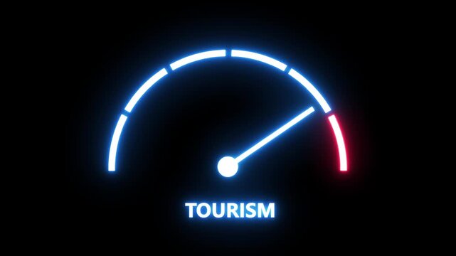 Dynamic neon tourism gauge meter animation featuring a glowing speedometer needle rising to maximum capacity representing travel demand, economic growth, and vibrant global vacation industry trends