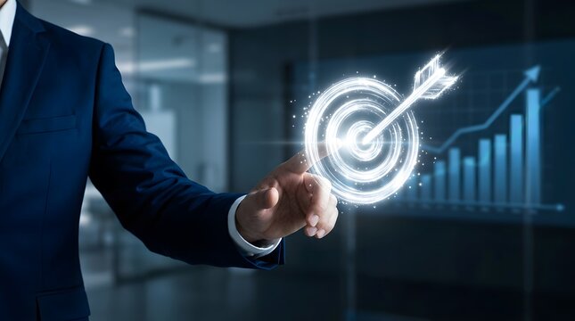 Business professional aiming for a glowing digital target with financial growth charts in background