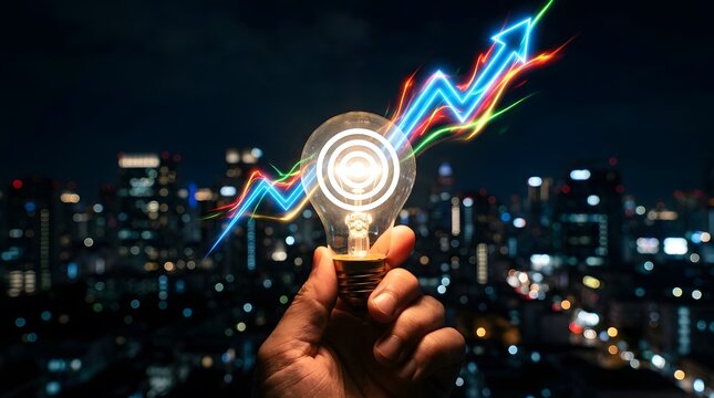 Hand holding a glowing lightbulb with upward trending light streaks over a city skyline