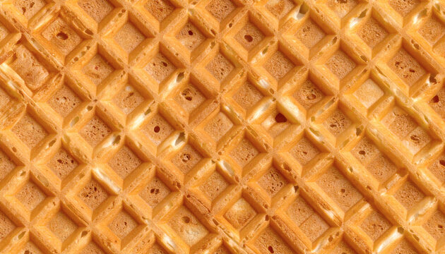 Waffle texture background showing close up of golden brown crispy grid pattern from a delicious baked breakfast food item surface