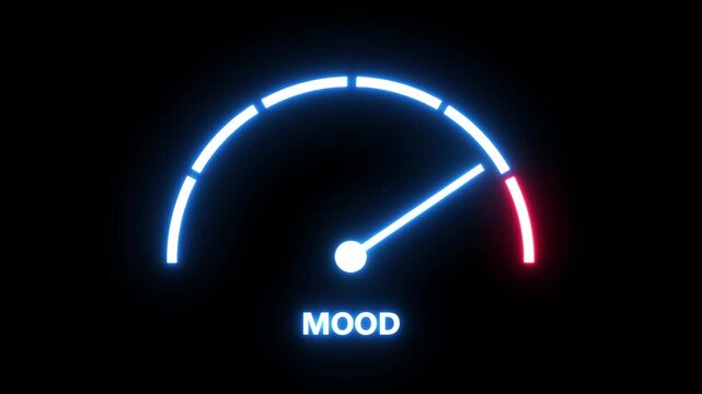 Dynamic neon mood gauge meter interface animation featuring glowing blue and red indicator needle moving across a digital scale representing emotional levels, mental health tracking, or user