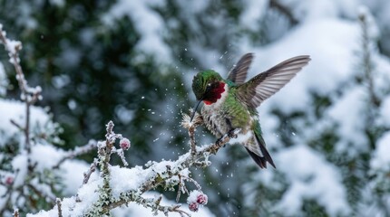 Obraz premium Hummingbird landing on snowy branch in winter forest