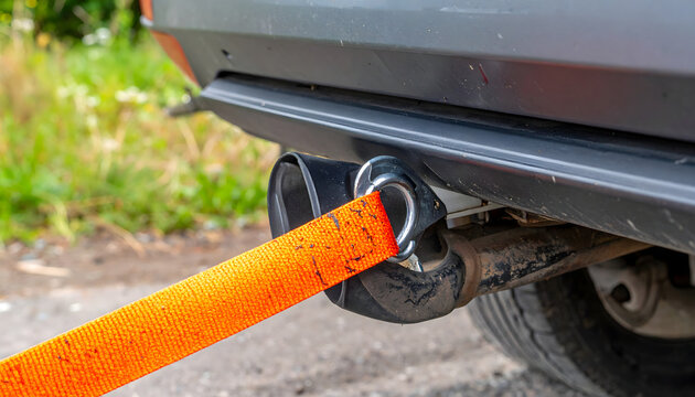 Towing strap attached to a metal hook on the rear bumper of a vehicle for emergency roadside assistance recovery service