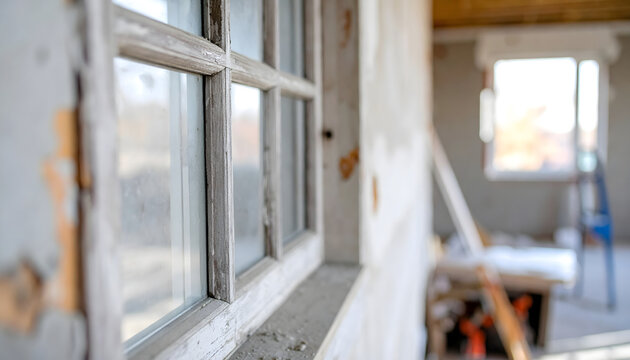 Old wooden window frame in a room under construction featuring unfinished walls and blurred background light for renovation concepts