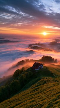 a serene sunrise over a rolling hillside. The sky is painted with hues of orange, pink, and purple, with the sun casting a warm glow over the scene. A quaint.