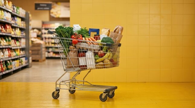 Full grocery cart in supermarket aisle against yellow wall.
