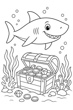 Shark Swimming over a Sunken Treasure Chest Coloring Page