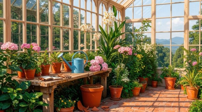 Elegant Victorian Greenhouse Filled with Lush Tropical Plants and Colorful Flowers, Detailed 8K Vector Illustration