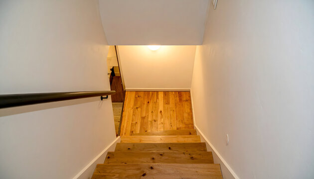 Wooden staircase leading downstairs into a bright basement area with clean white walls and warm artificial overhead interior lighting illumination