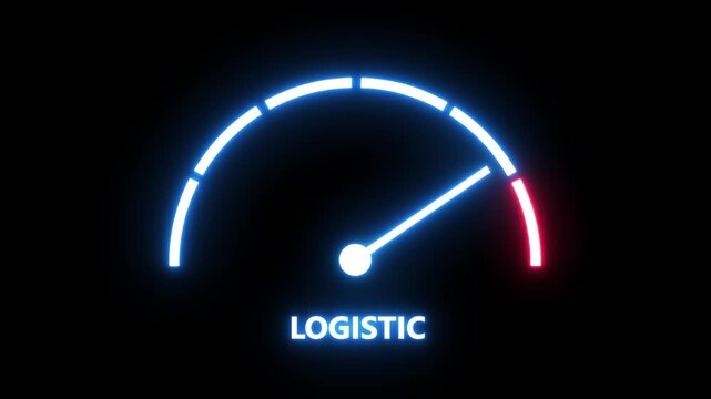 Dynamic neon logistic speedometer gauge animation featuring glowing blue and red indicator needle moving across a digital scale to represent efficiency, supply chain performance, and rapid delivery
