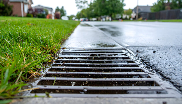 Storm drain grate on a suburban street curb capturing heavy rainwater runoff during a rainy day in the city neighborhood
