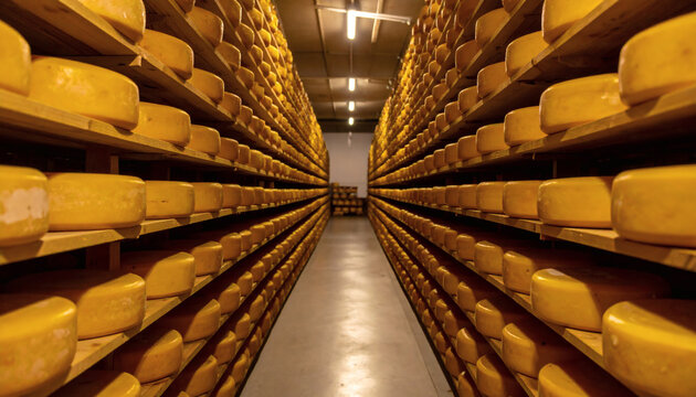 Cheese wheels aging on wooden shelves inside a professional industrial storage warehouse with rows of dairy food products stacked