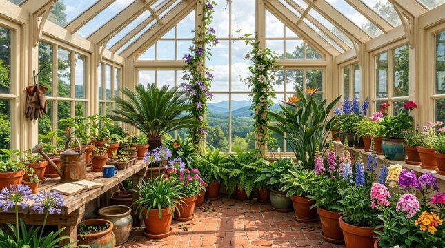 Elegant Victorian Greenhouse Filled with Lush Tropical Plants and Colorful Flowers, Detailed 8K Vector Illustration
