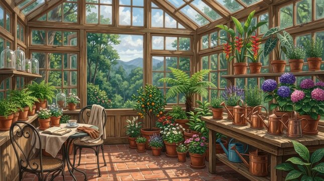 Elegant Victorian Greenhouse Filled with Lush Tropical Plants and Colorful Flowers, Detailed 8K Vector Illustration