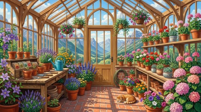 Elegant Victorian Greenhouse Filled with Lush Tropical Plants and Colorful Flowers, Detailed 8K Vector Illustration