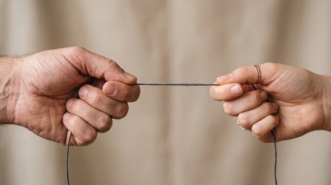 Two hands pulling tight string connection conflict teamwork concept