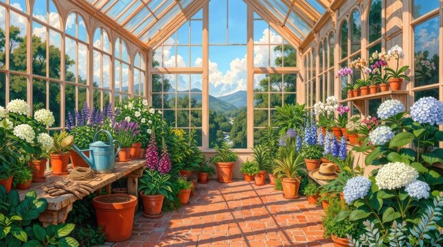 Elegant Victorian Greenhouse Filled with Lush Tropical Plants and Colorful Flowers, Detailed 8K Vector Illustration