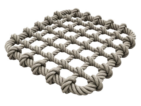 Strong rope net tied with knots in a square grid pattern isolated on transparent background